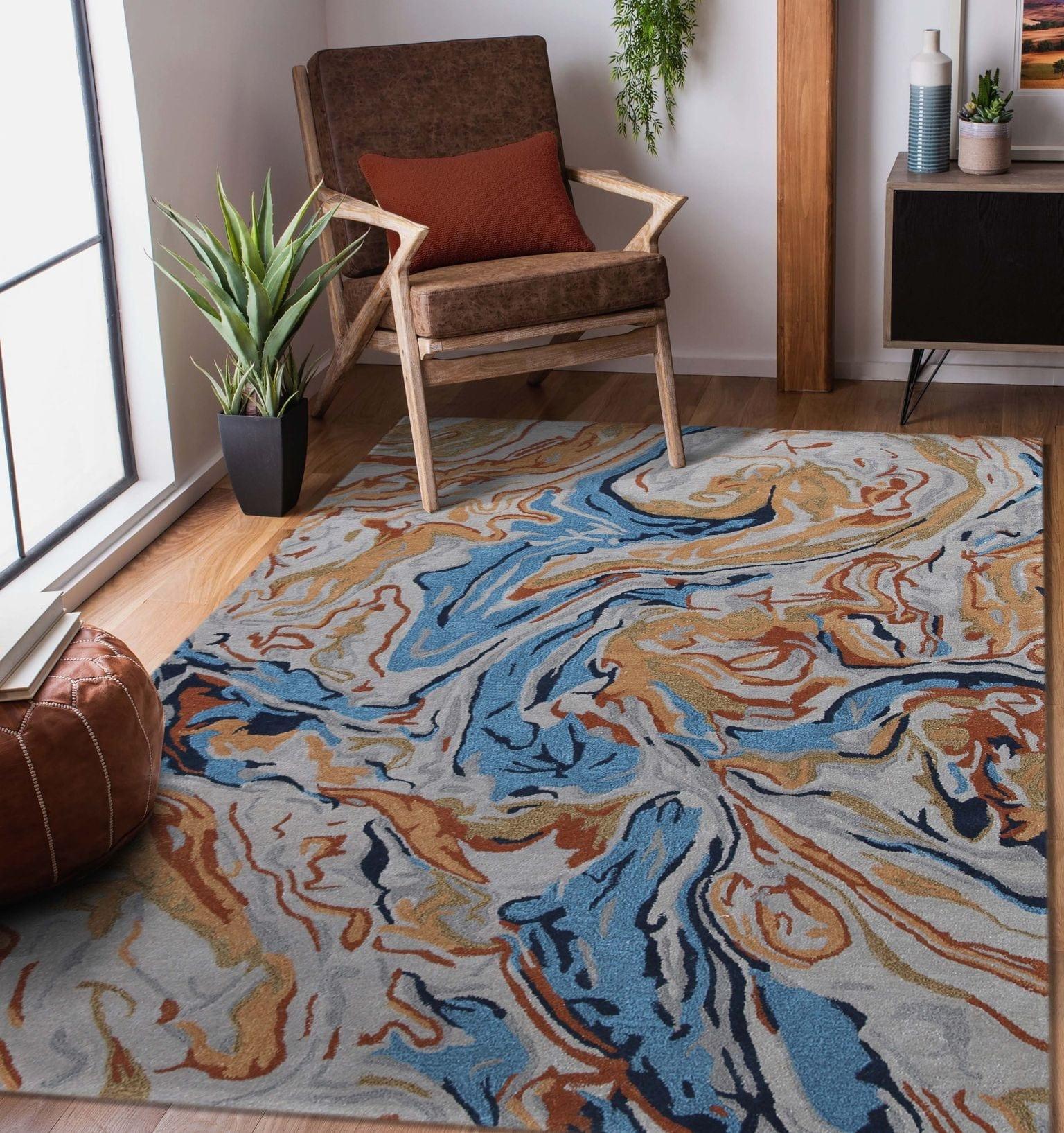 Orange Wool & Viscose Dream Scape 5x8 Feet Hand-Tufted Carpet - Rug - Ouch Cart