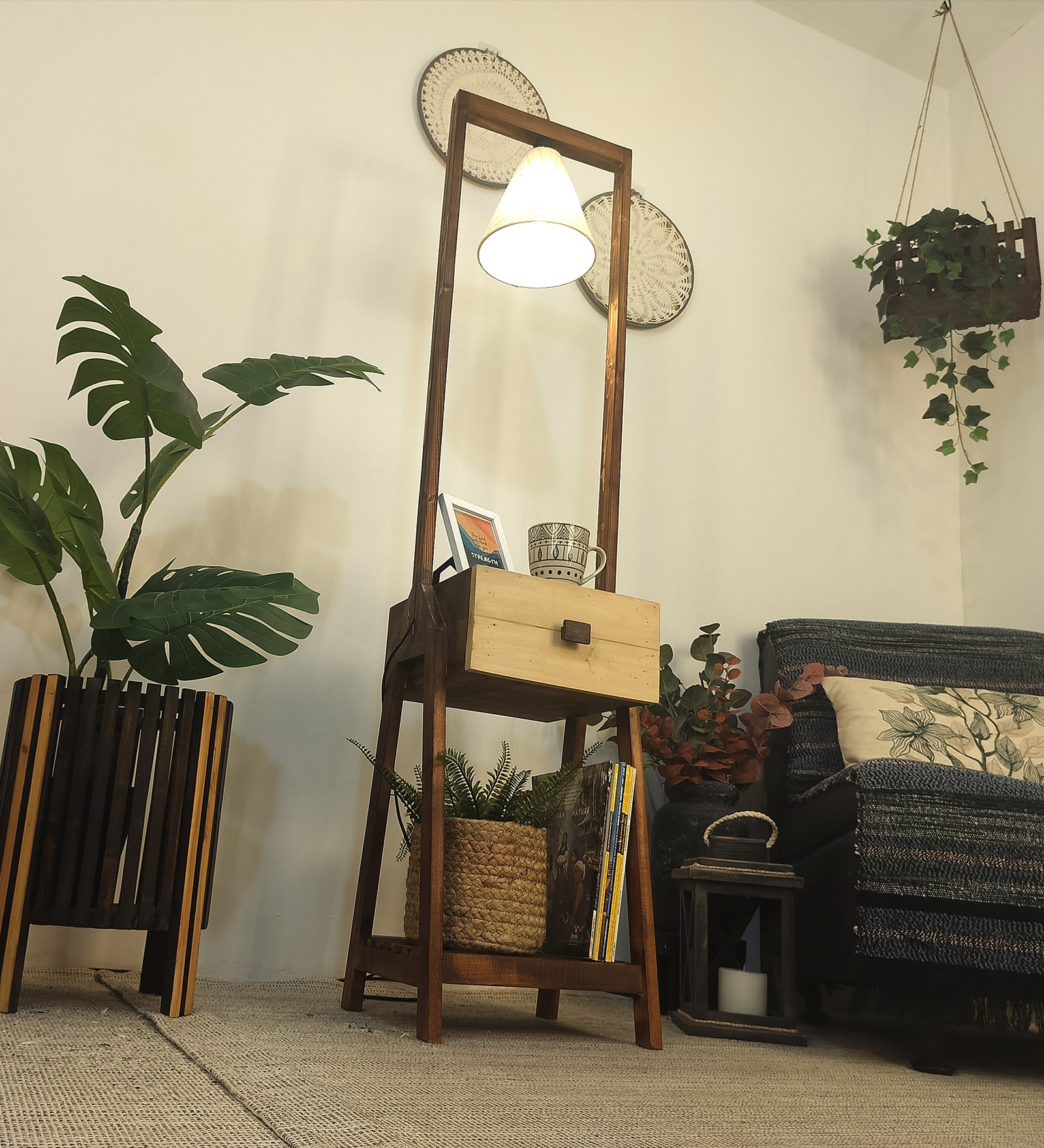 Gabrielle Wooden Floor Lamp with Brown Base and Jute Fabric Lampshade (BULB NOT INCLUDED)