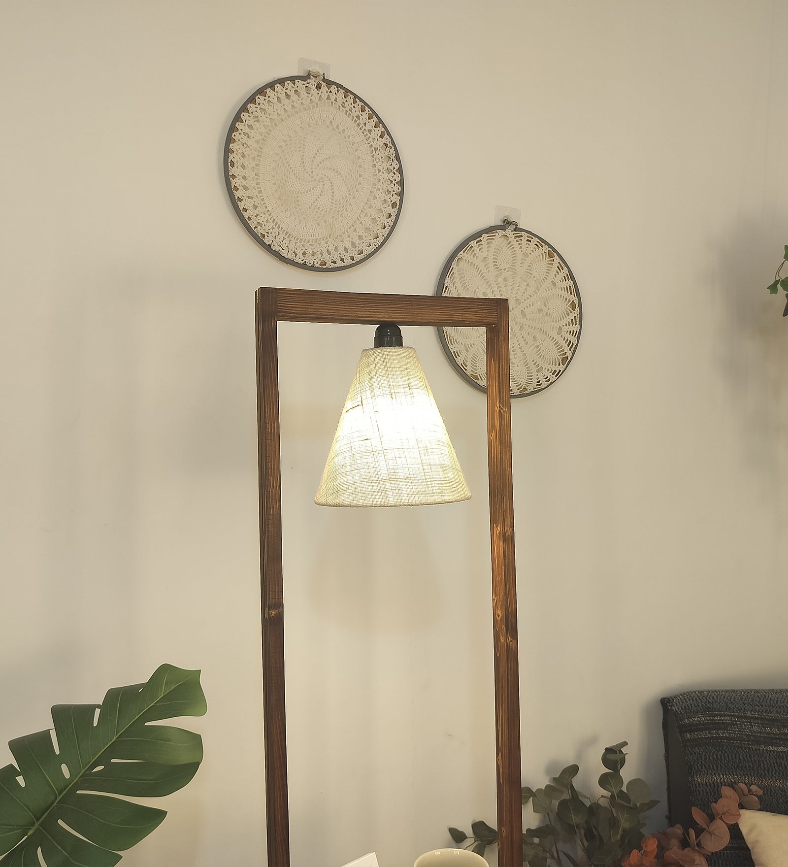 Gabrielle Wooden Floor Lamp with Brown Base and Jute Fabric Lampshade (BULB NOT INCLUDED)