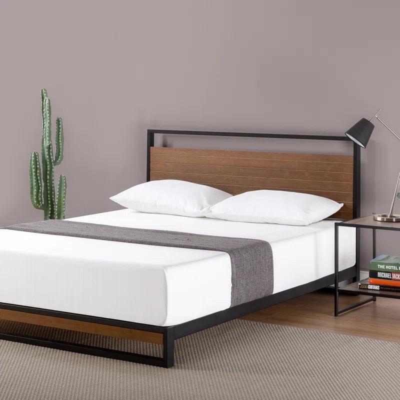 Gemma Solid Steel Bed Frame with Detailed Wood Headboard - Ouch Cart