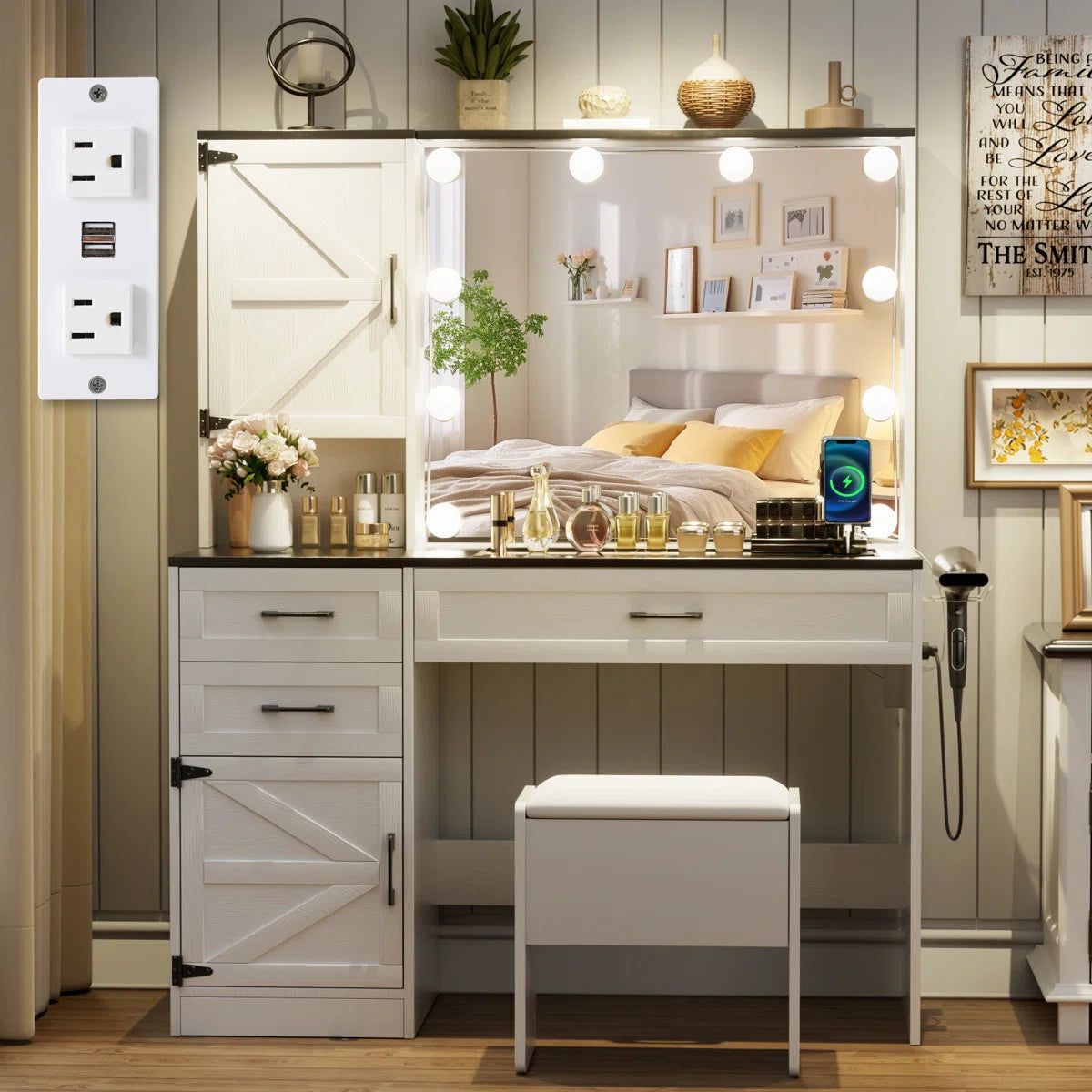 Greyden Glass Top Vanity Desk with LED Lights and Built-In Outlets- OUCH CART | Dressing table