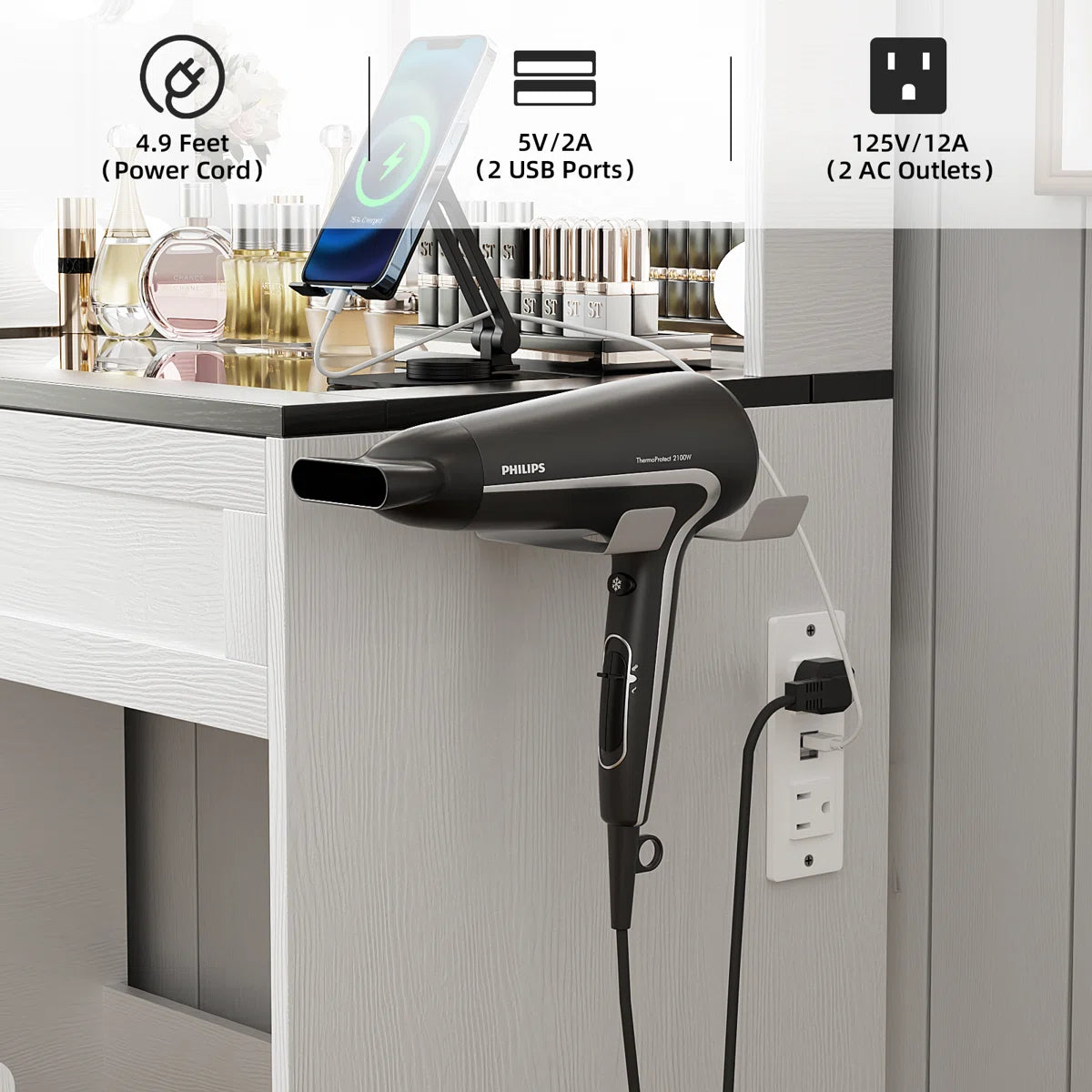 Greyden Glass Top Vanity Desk with LED Lights and Built-In Outlets- OUCH CART | Dressing table
