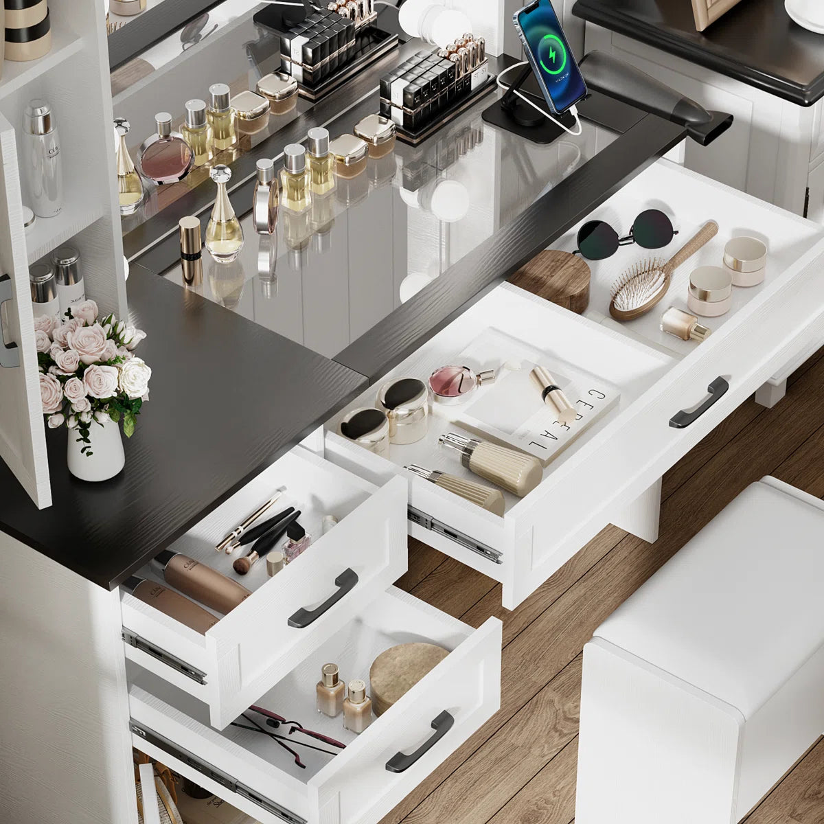 Greyden Glass Top Vanity Desk with LED Lights and Built-In Outlets