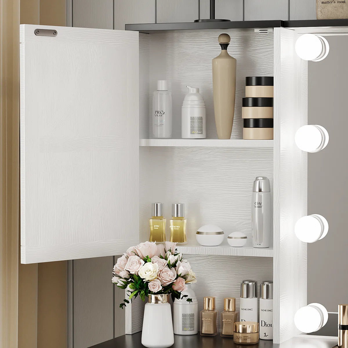 Greyden Glass Top Vanity Desk with LED Lights and Built-In Outlets