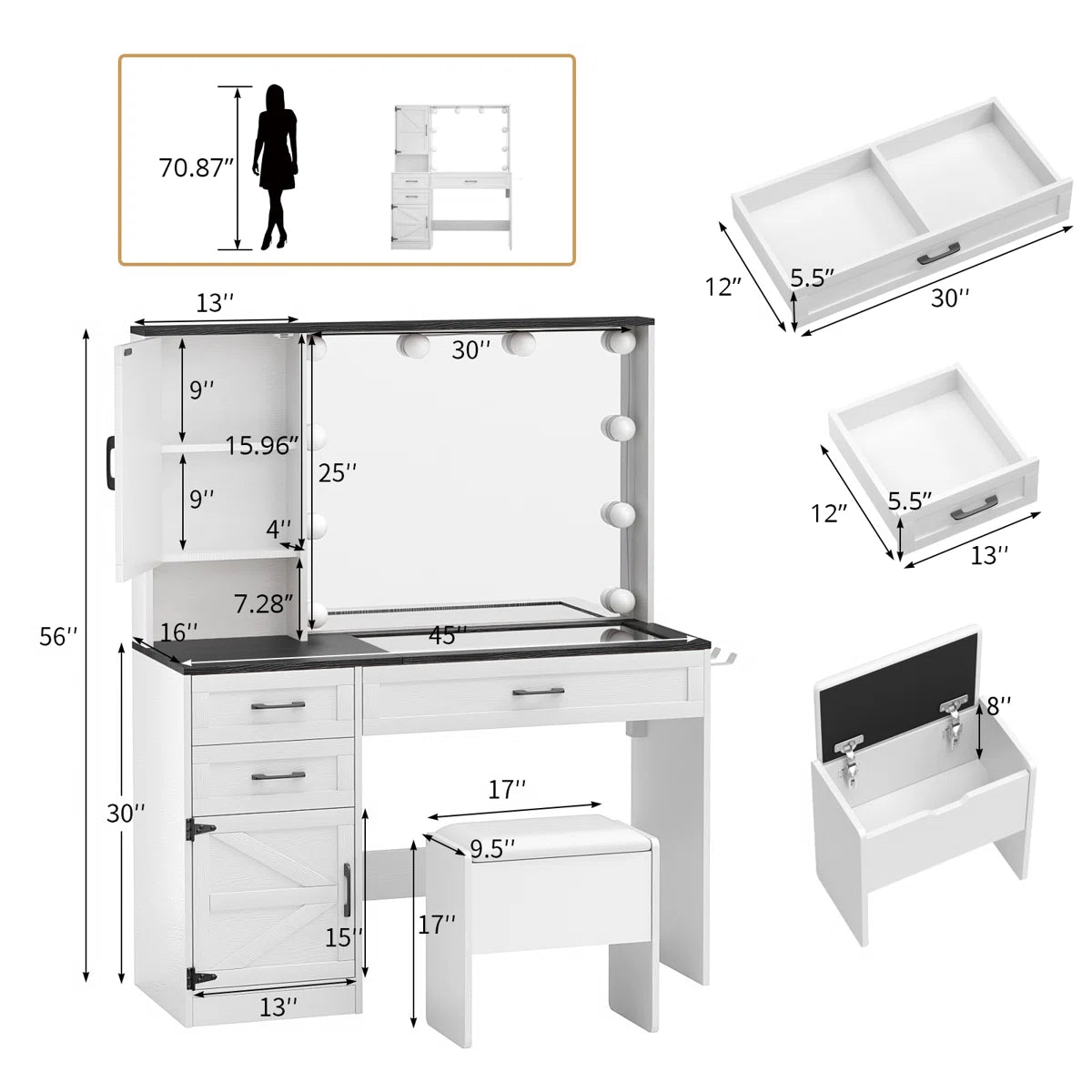 Greyden Glass Top Vanity Desk with LED Lights and Built-In Outlets- OUCH CART | Dressing table