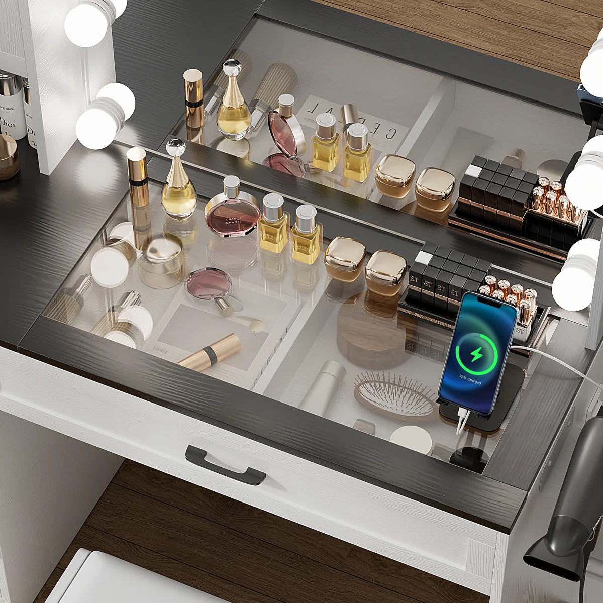 Greyden Glass Top Vanity Desk with LED Lights and Built-In Outlets