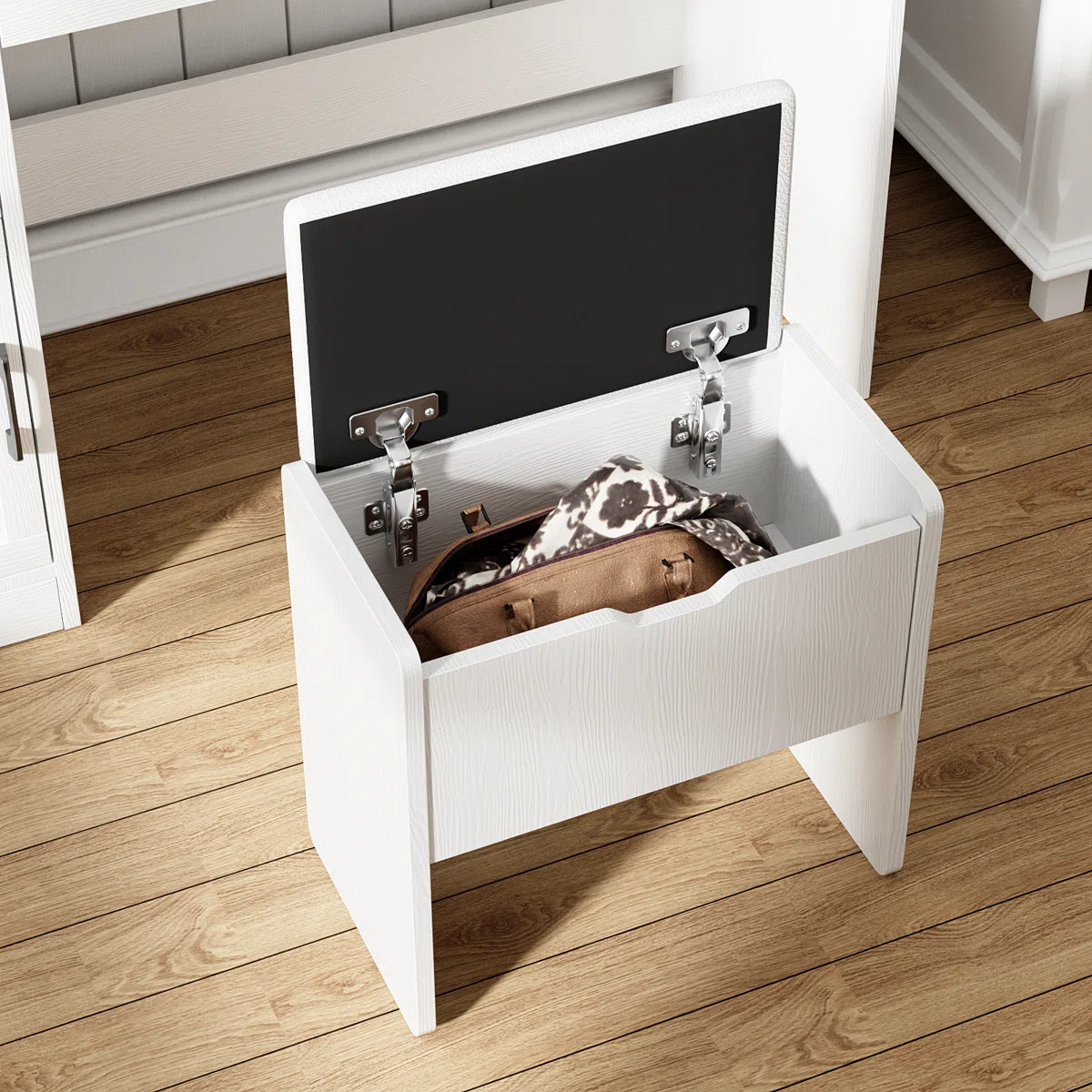 Greyden Glass Top Vanity Desk with LED Lights and Built-In Outlets