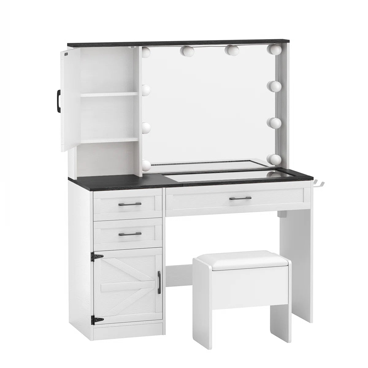 Greyden Glass Top Vanity Desk with LED Lights and Built-In Outlets- OUCH CART | Dressing table