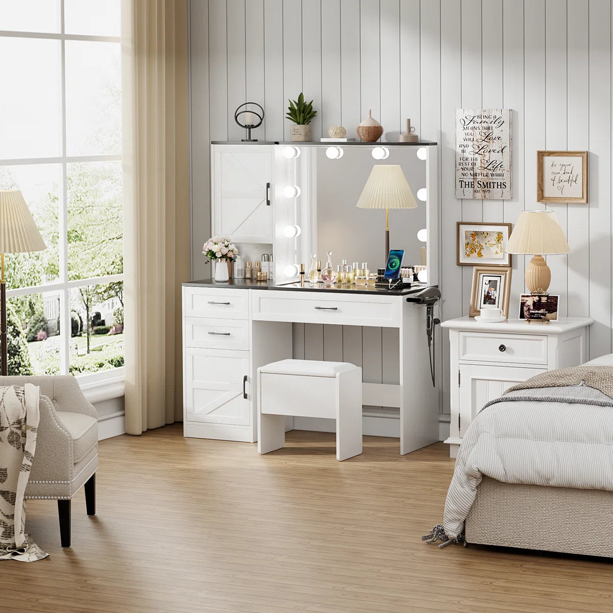 Greyden Glass Top Vanity Desk with LED Lights and Built-In Outlets