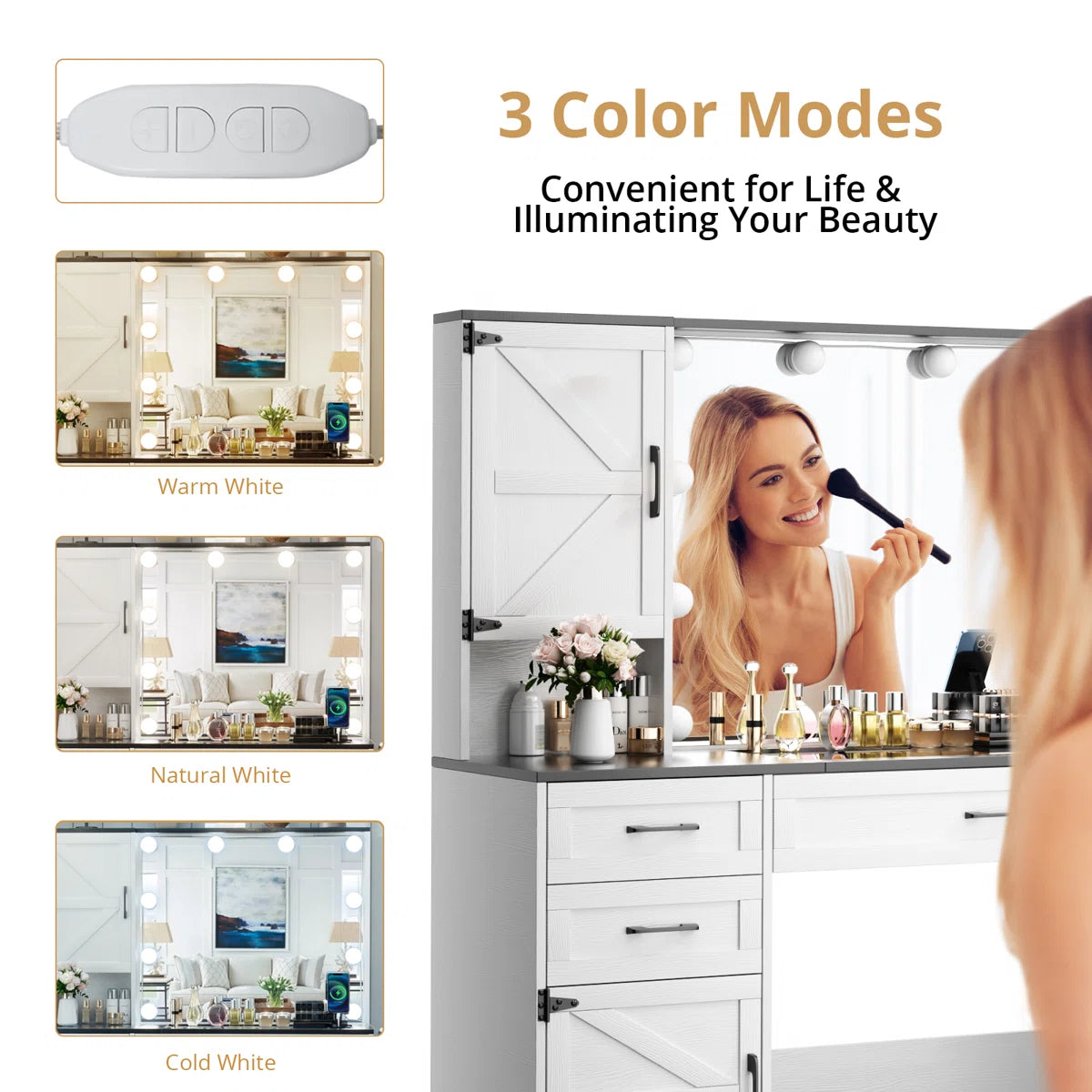 Greyden Glass Top Vanity Desk with LED Lights and Built-In Outlets