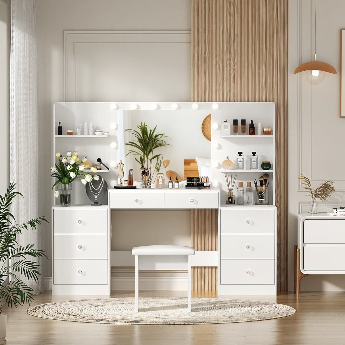 Greyden Zeibak Lighted Makeup Vanity Table with 8 Drawers, 14 LED Lights, and Ample Storage