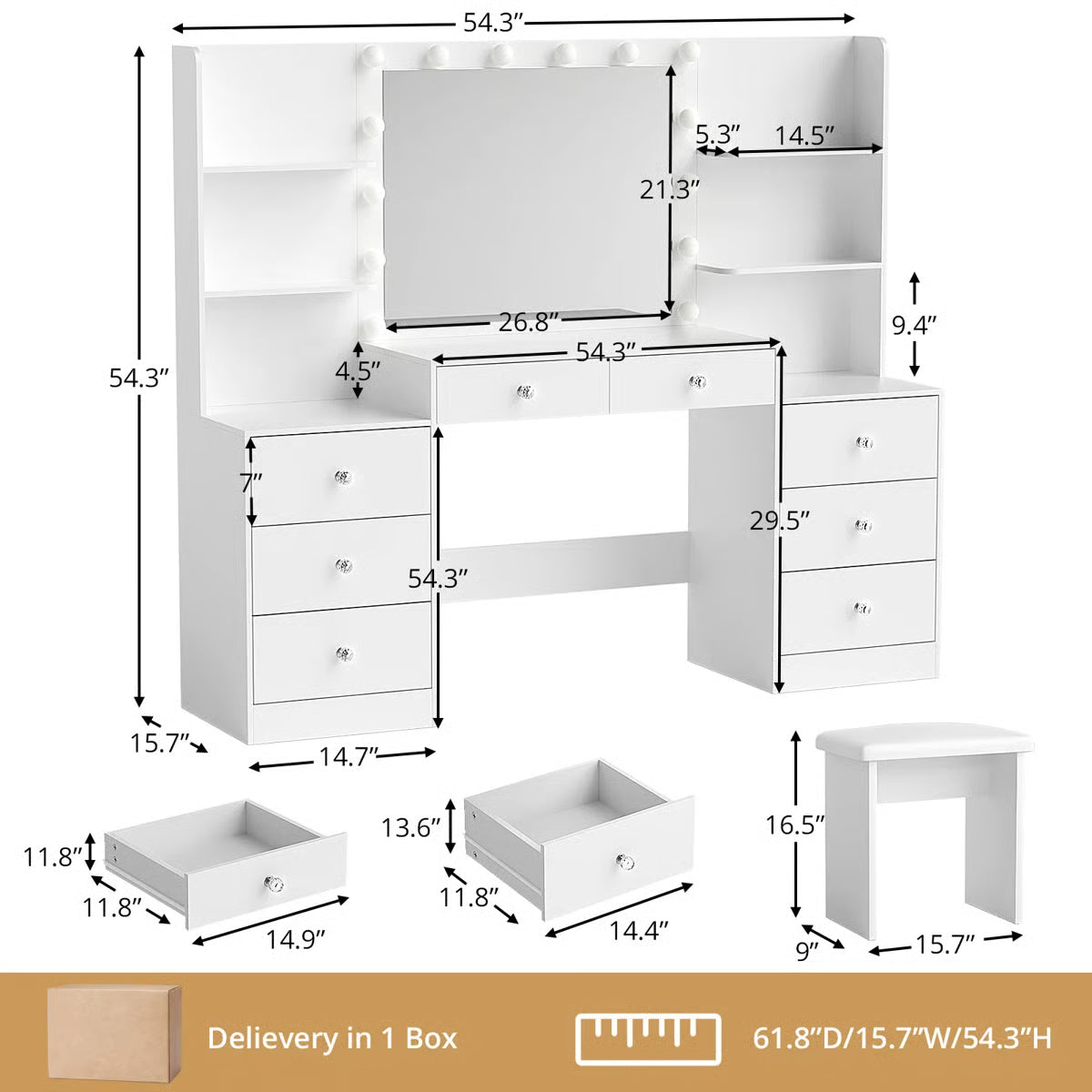 Greyden Zeibak Lighted Makeup Vanity Table with 8 Drawers, 14 LED Lights, and Ample Storage