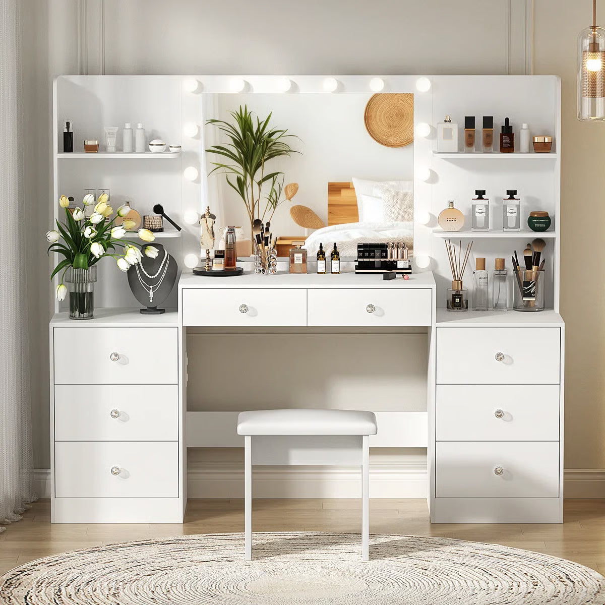 Greyden Zeibak Lighted Makeup Vanity Table with 8 Drawers, 14 LED Lights, and Ample Storage