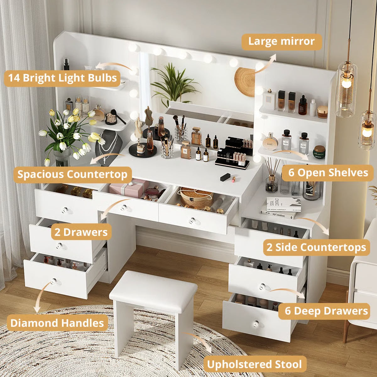Greyden Zeibak Lighted Makeup Vanity Table with 8 Drawers, 14 LED Lights, and Ample Storage