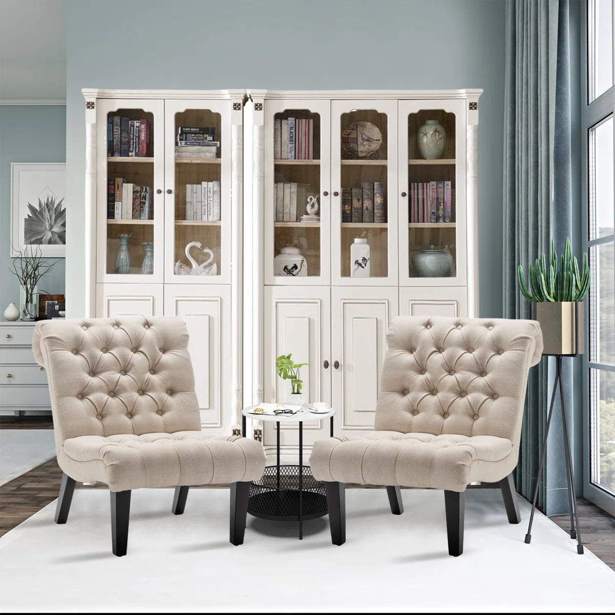 Elegant Linen Tufted Slipper Chair with Solid Wood Legs