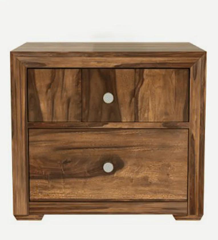 Sheesham Wood Bedside Table In Rustic Teak Finish With Drawers - Ouch Cart