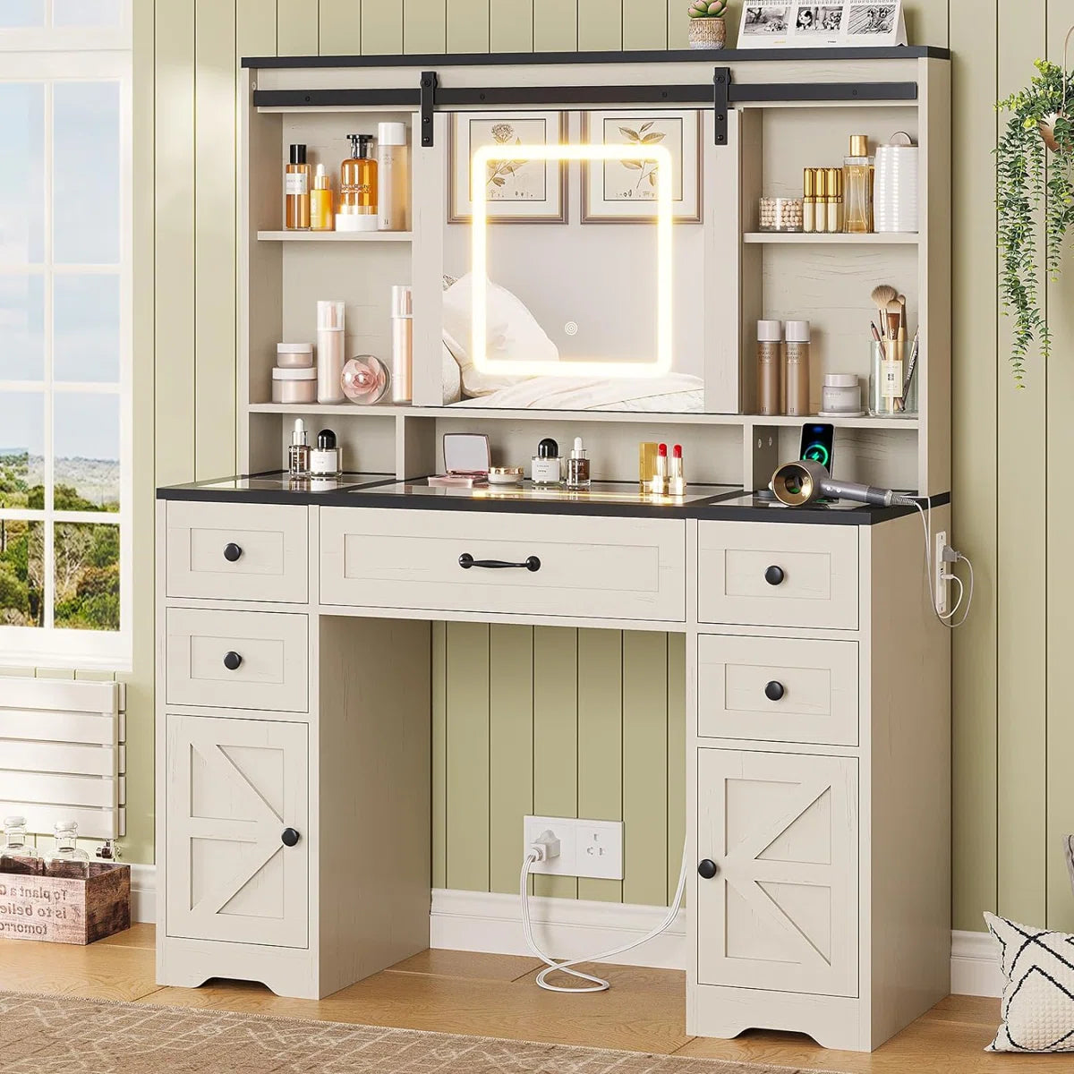 Hagler Modern Farmhouse Makeup Vanity Table with Sliding LED Mirror and 3-Mode LED Lighting