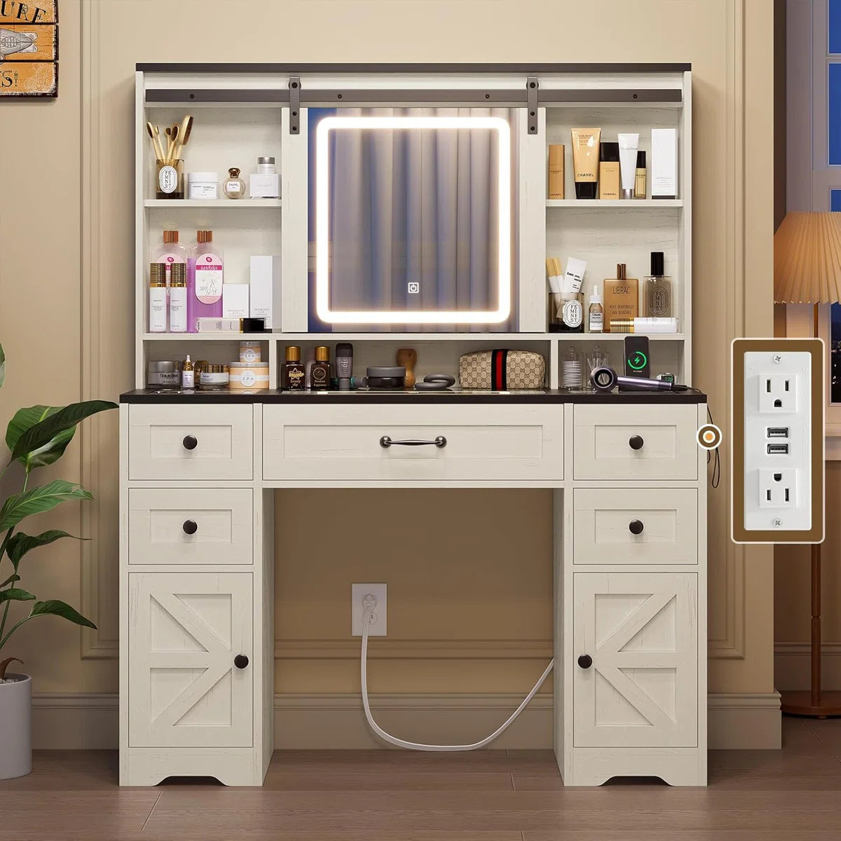 Hagler Modern Farmhouse Makeup Vanity Table with Sliding LED Mirror and 3-Mode LED Lighting