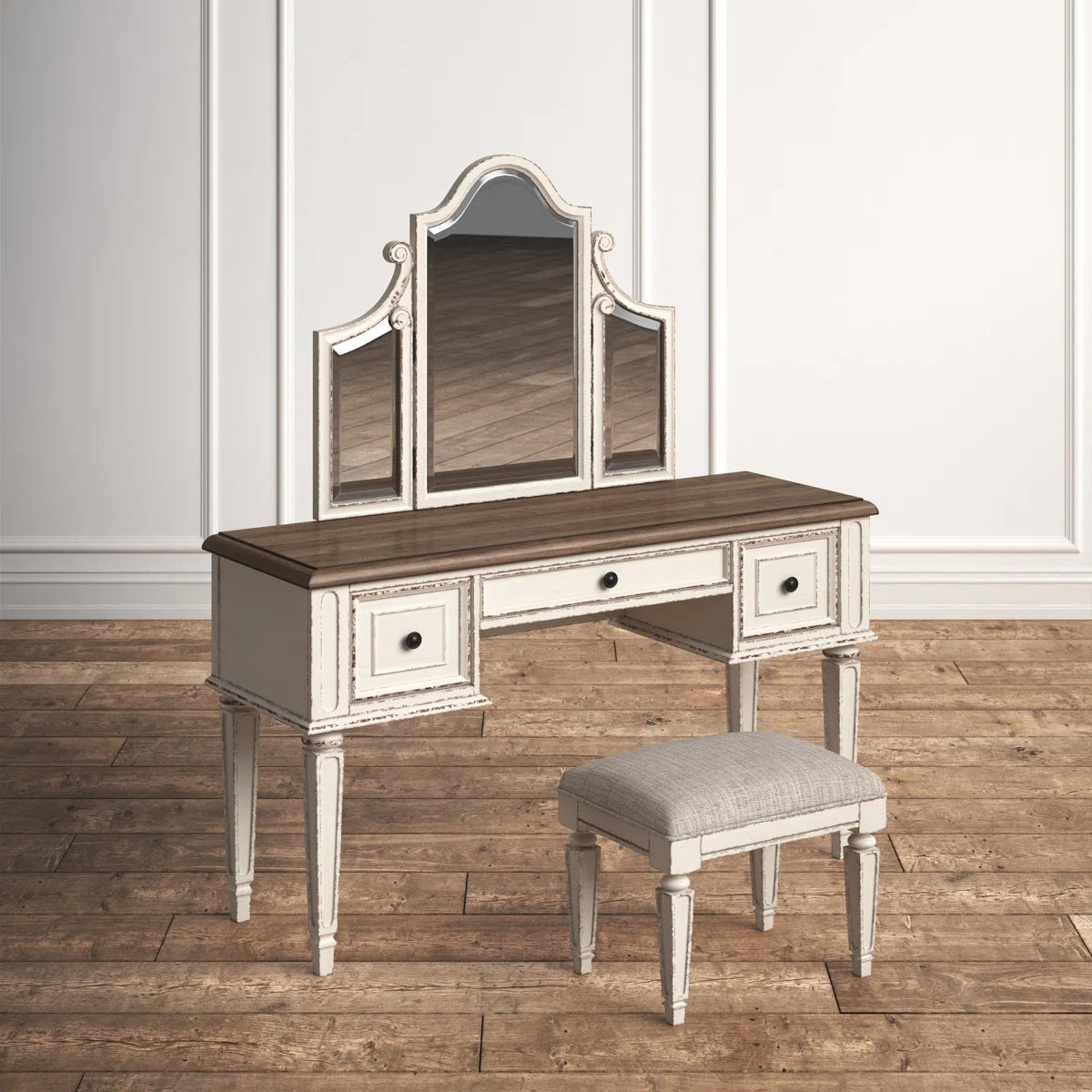 Kelly Clarkson Home 3-Piece Two-Tone Vanity Set with Tri-Fold Mirror & Upholstered Stool