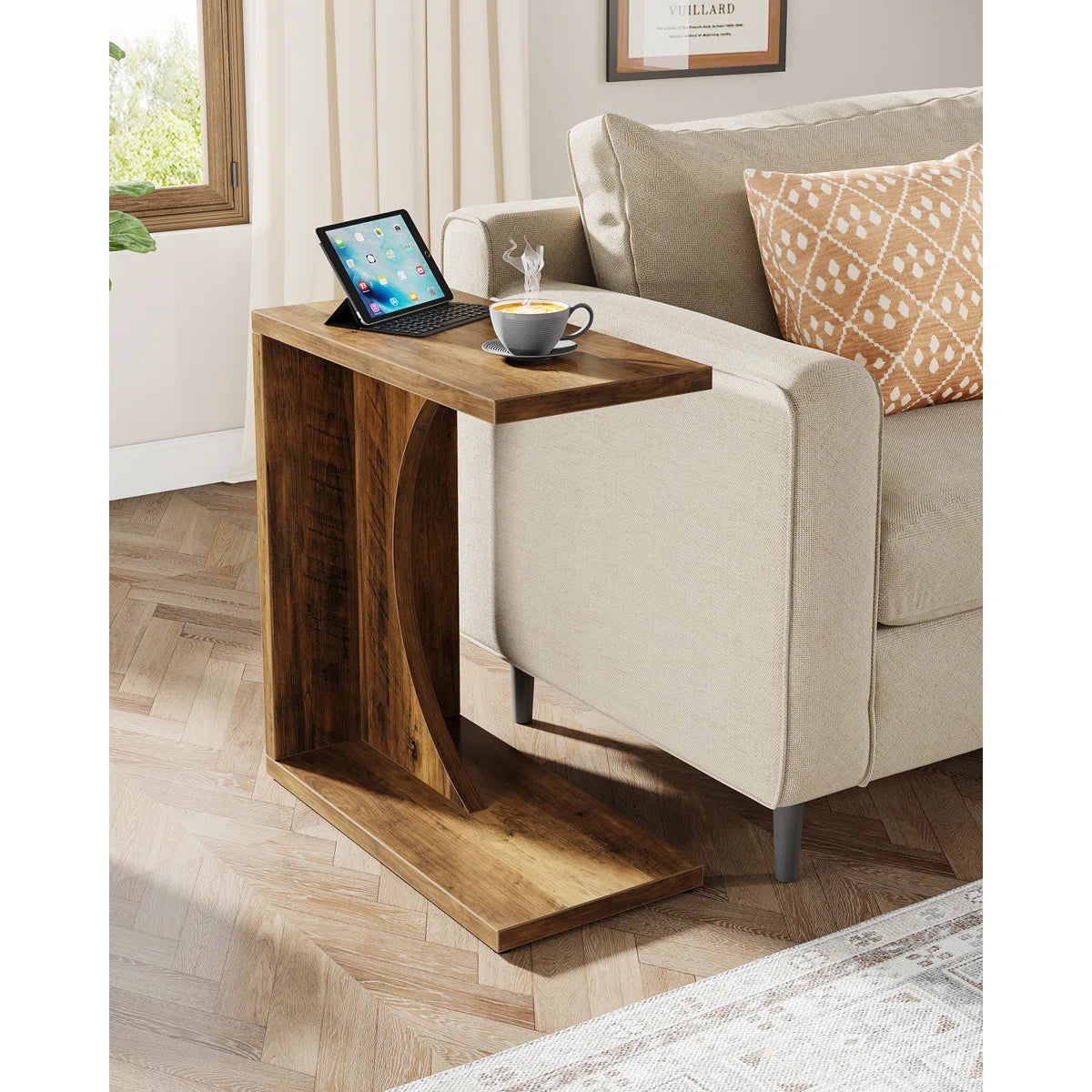 Modern C-Shaped Wooden Side Table for Sofa, Bed & Living Room Ouch Cart
