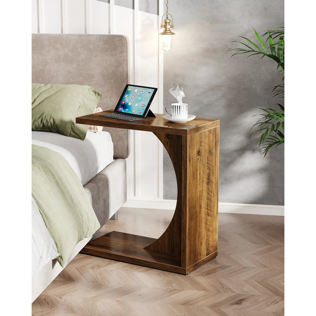 Modern C-Shaped Wooden Side Table for Sofa, Bed & Living Room Ouch Cart