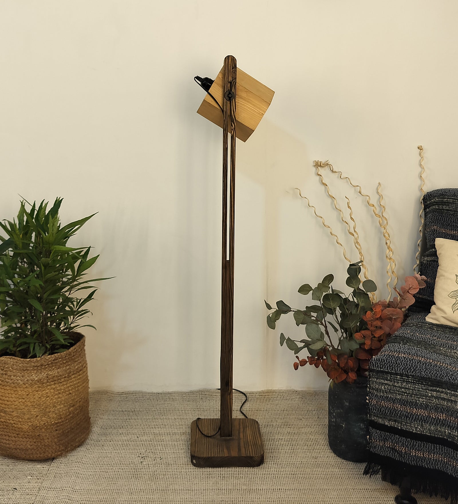 HexSpot Wooden Floor Lamp with Beige Base and Red Wooden Lampshade (BULB NOT INCLUDED)