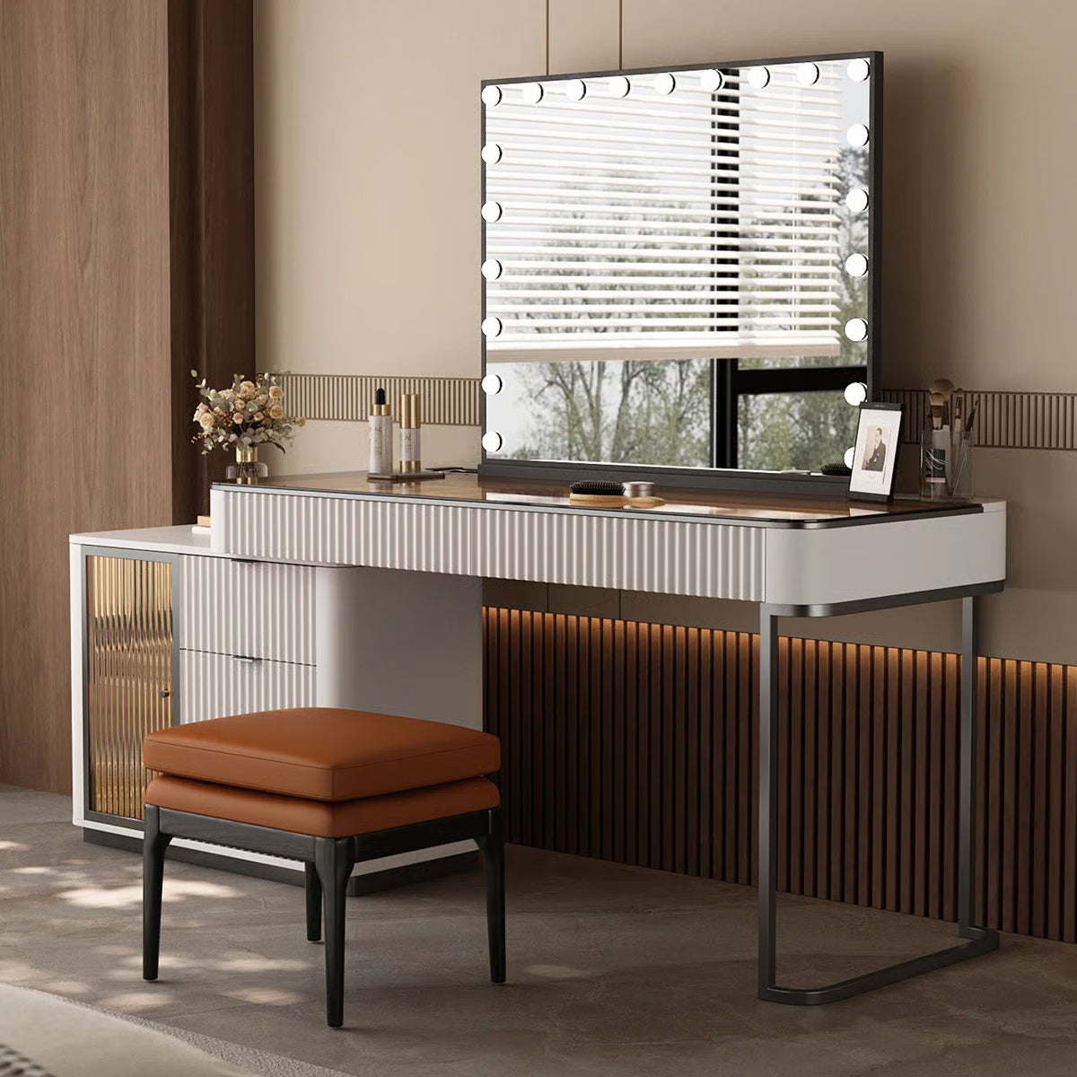 High-Quality Makeup Vanity Set with Glass Top, Built-In Power Outlet and Easy Assembly- OUCH CART | Dressing table