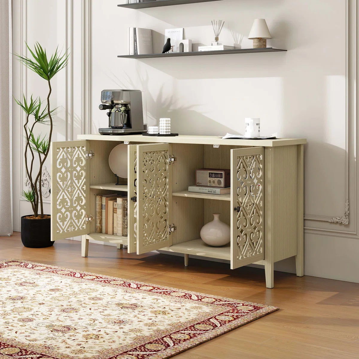 Hollowed-out 4-Door Cabinet, American Furniture Style, Ideal for Bedrooms, Living Rooms, and Studies, with Elegant Carvings and Good Air Permeability - OUCHCART | Cabinet