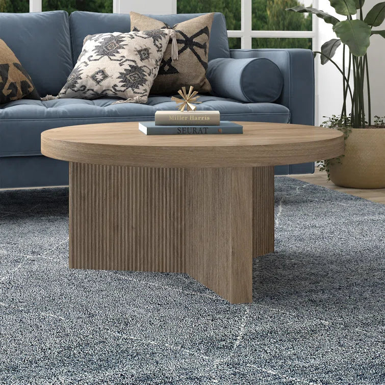Rustic Round Coffee Table with Ribbed Pedestal OUCH CART