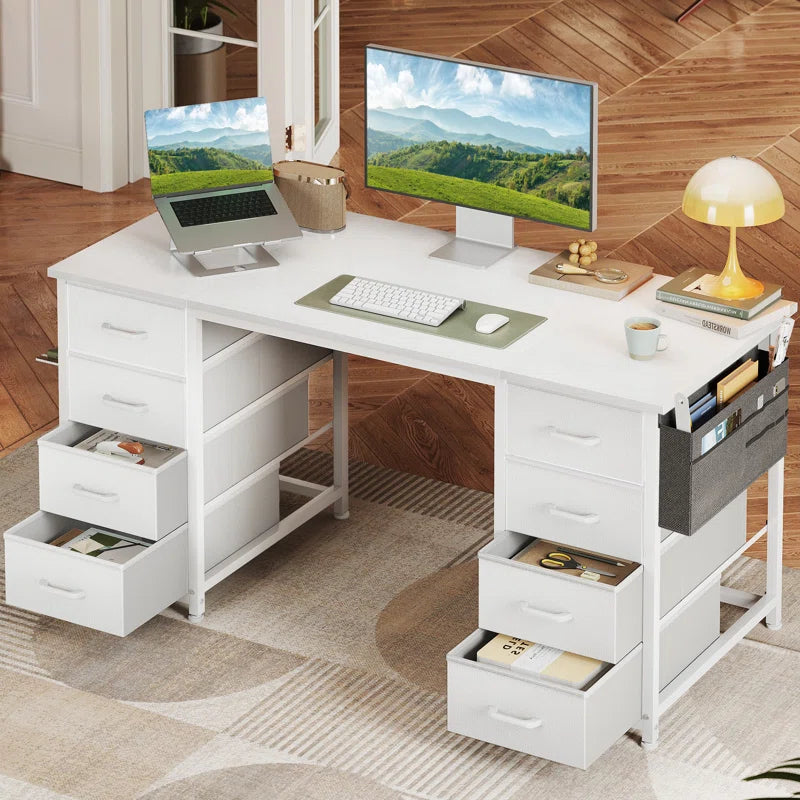 Ouch Cart Modern Home Office Writing Desk with 8 Fabric Drawers, Reversible Corner Design, Steel Frame & Spacious Storage