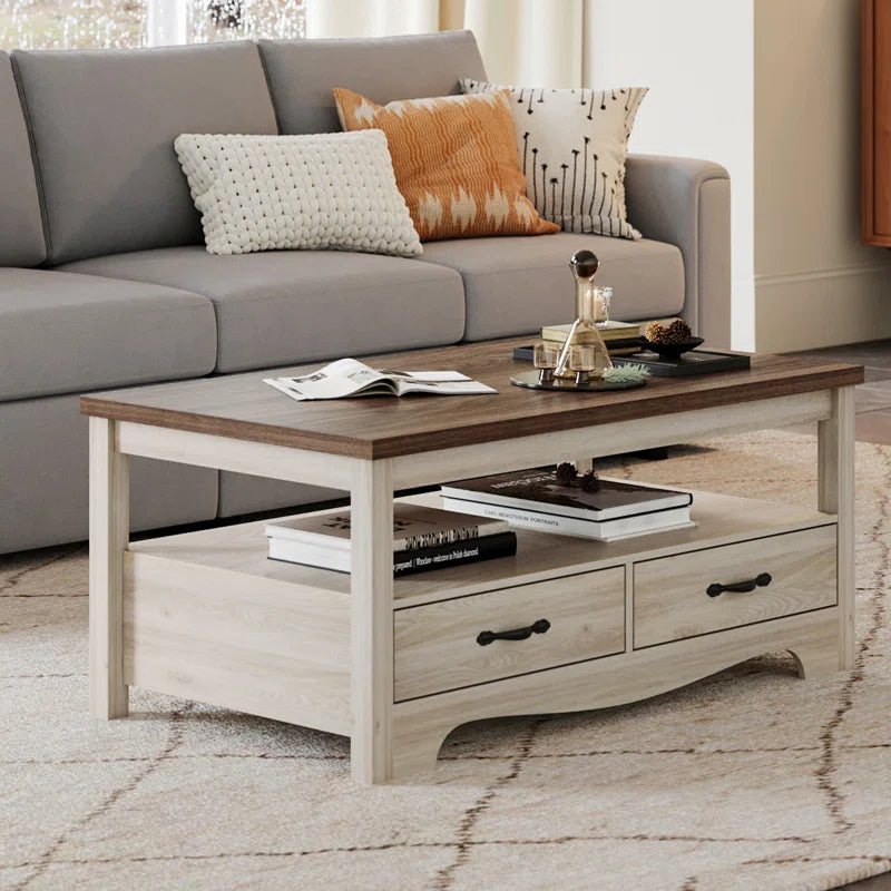 Farmhouse Coffee Table with Drawers & Open Shelf | Rustic Storage Center Table for Living Room OUCH CART