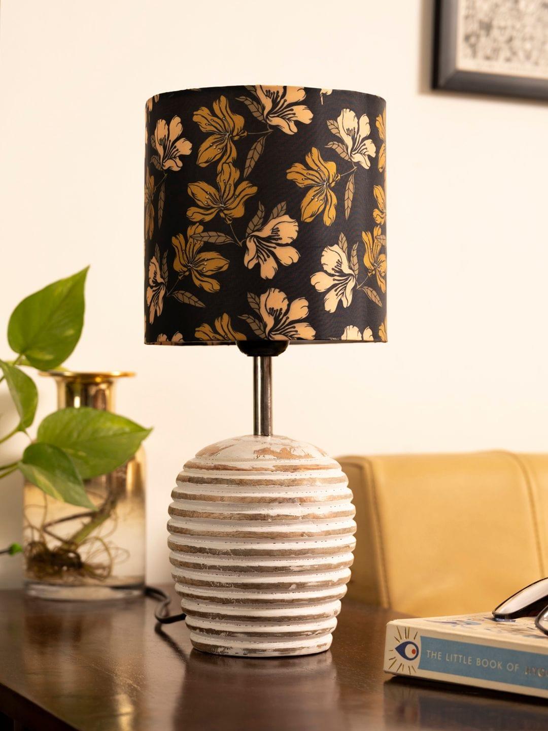 Stripped Distress White Lamp with Black Floral multicolor shade - Ouch Cart