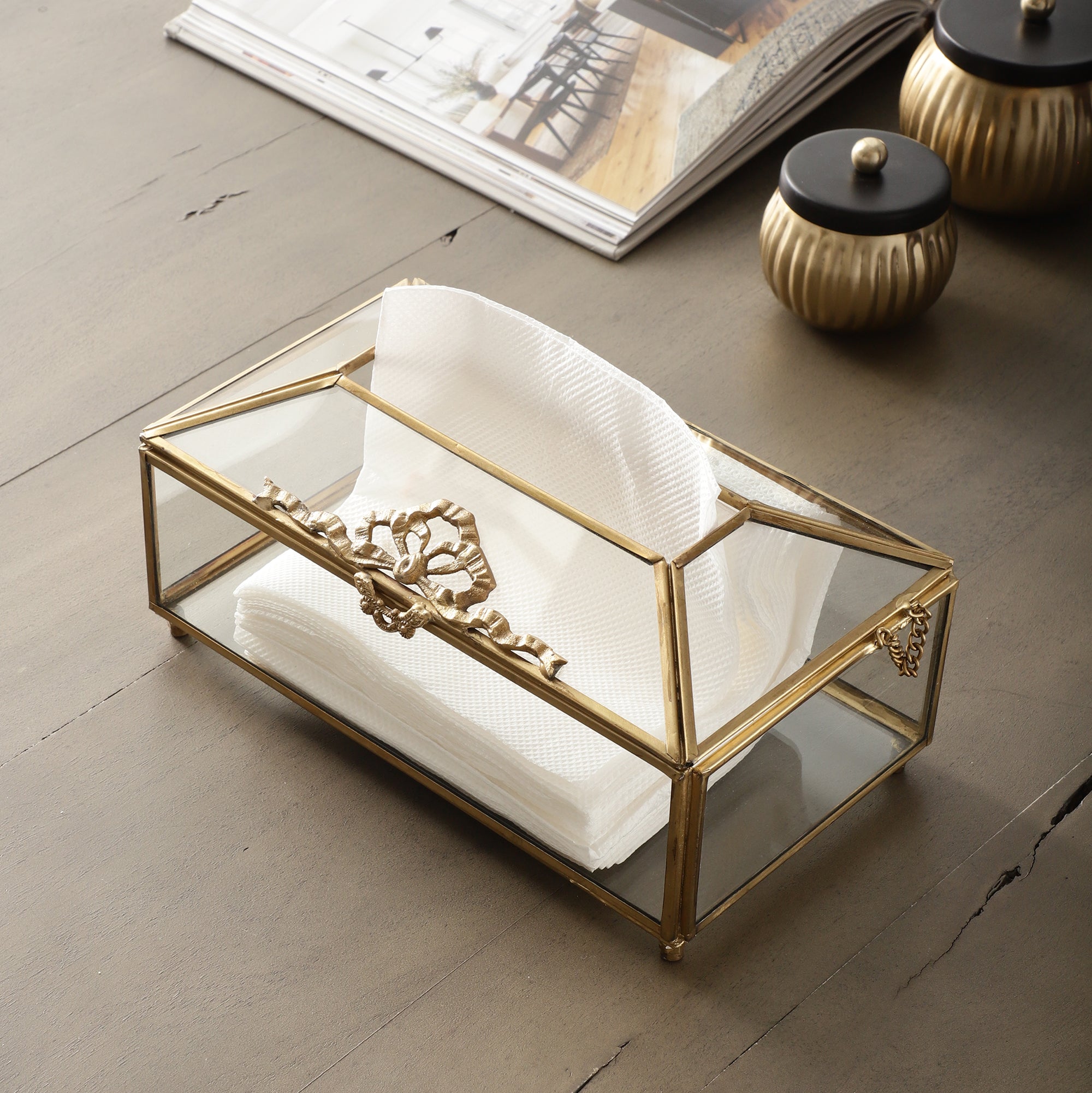 Royal Crown Brass & Glass Napkin Box