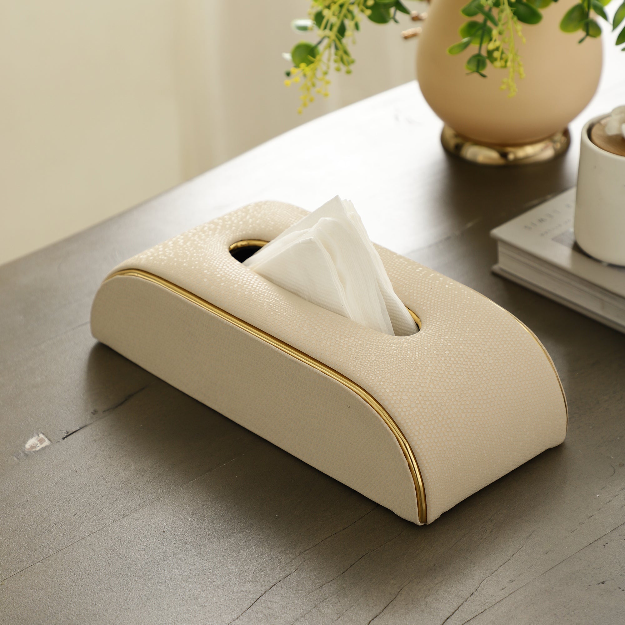 Sleek Slant Leather Napkin Box Cream