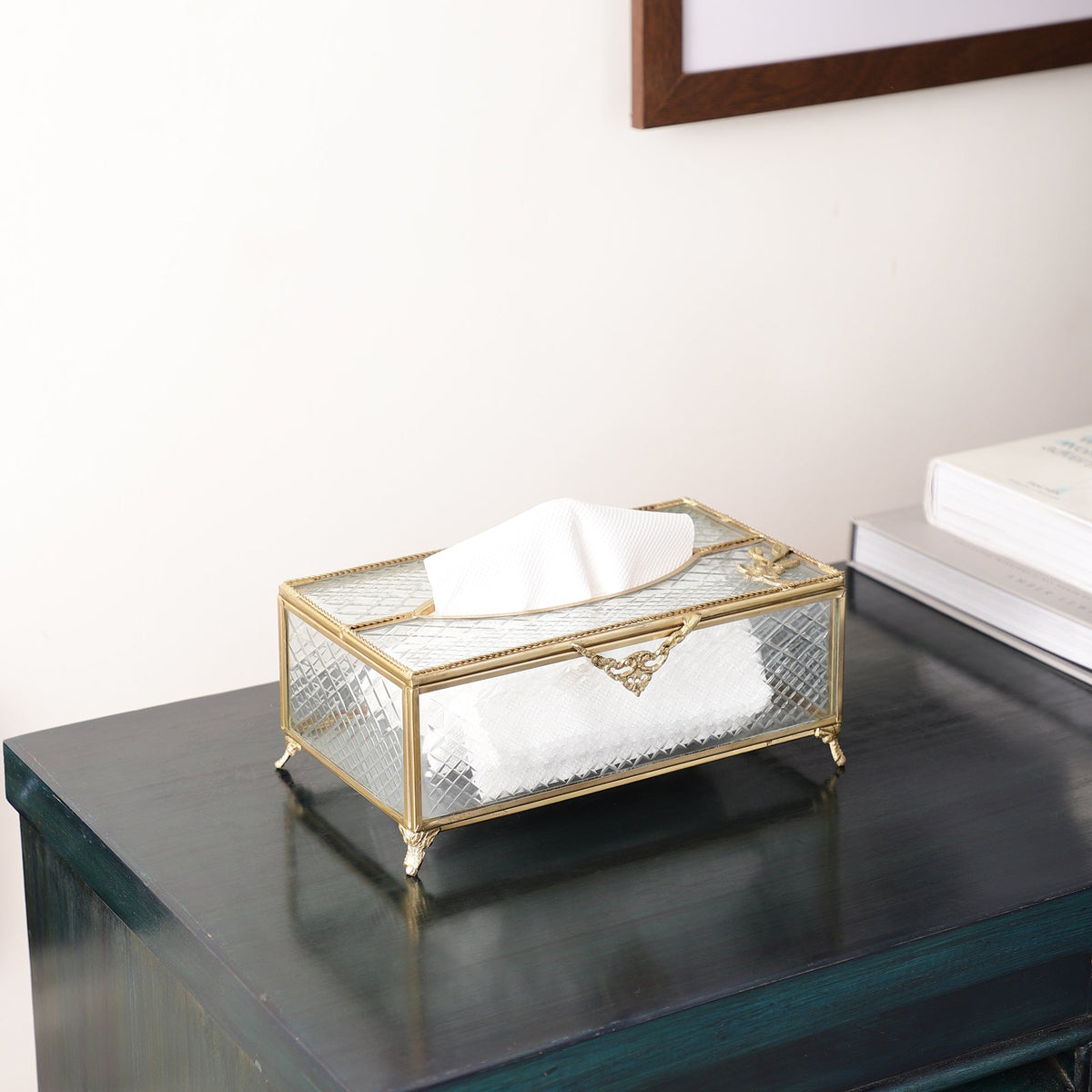 Gleaming Crackle Glass Tissue Box with Antique Brass M.M.I. OVERSEAS