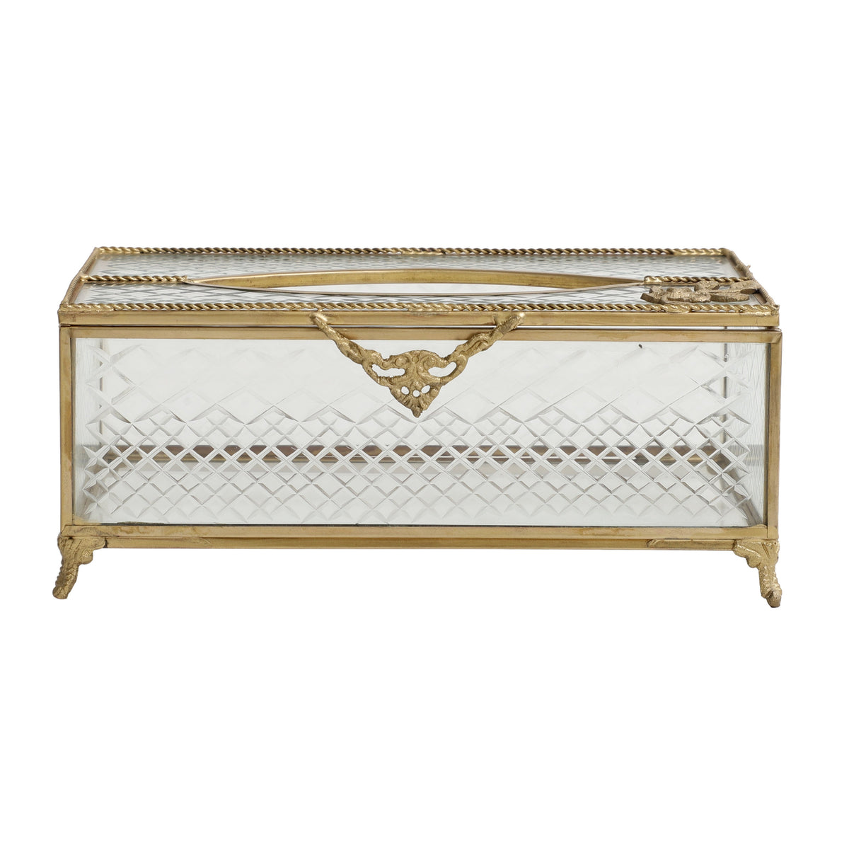 Gleaming Crackle Glass Tissue Box with Antique Brass M.M.I. OVERSEAS