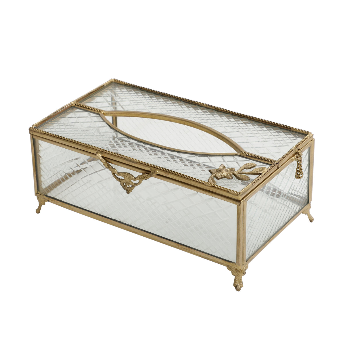 Gleaming Crackle Glass Tissue Box with Antique Brass M.M.I. OVERSEAS