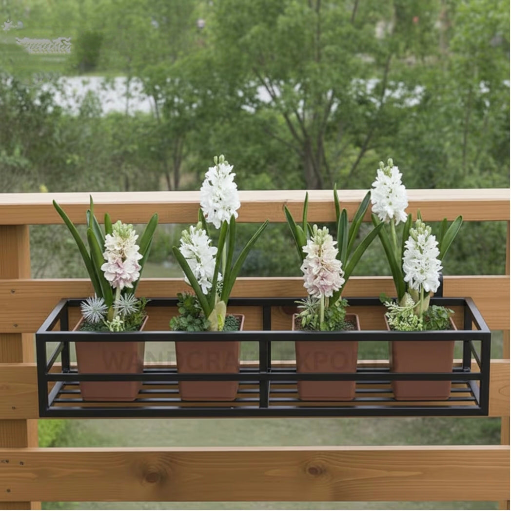 Balcony Railling Planter Box Black Frame Metal Rectangular Flower Pot Holder For Outdoor Garden Decor