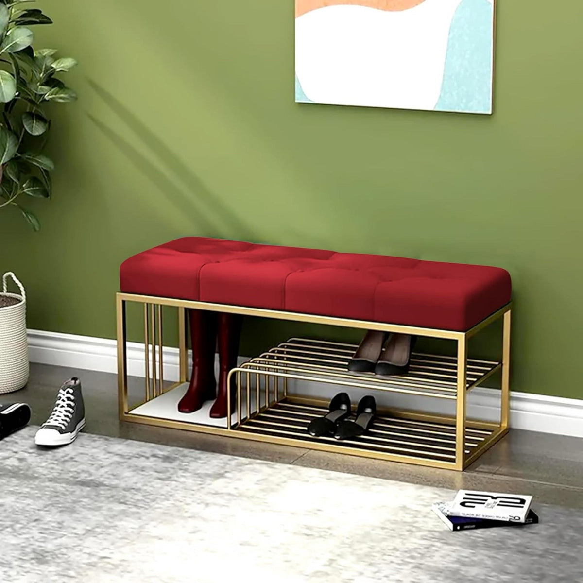 Velvet Upholstered Entryway Shoe Rack Bench with Storage Ouch Cart
