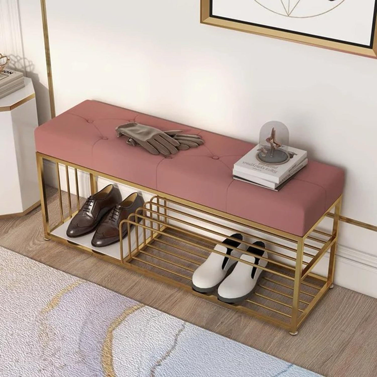 Velvet Upholstered Entryway Shoe Rack Bench with Storage Ouch Cart