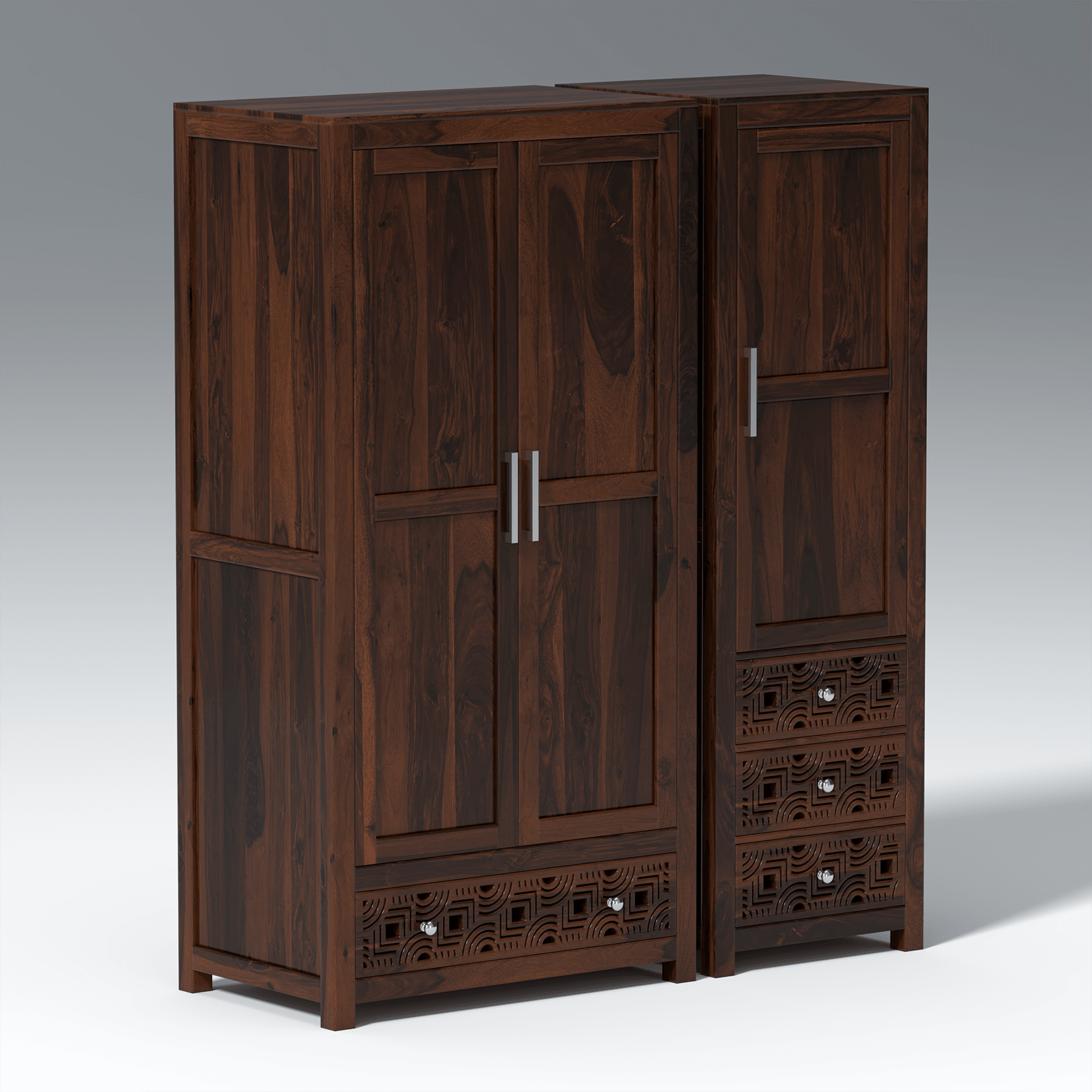 Summita Three Door Sheesham Wood Wardrobe in Walnut Colour - Ouch Cart