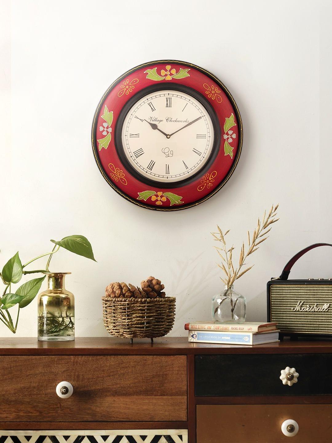 Round Wooden Handpainted 16 Inches Wall Clock - Ouch Cart