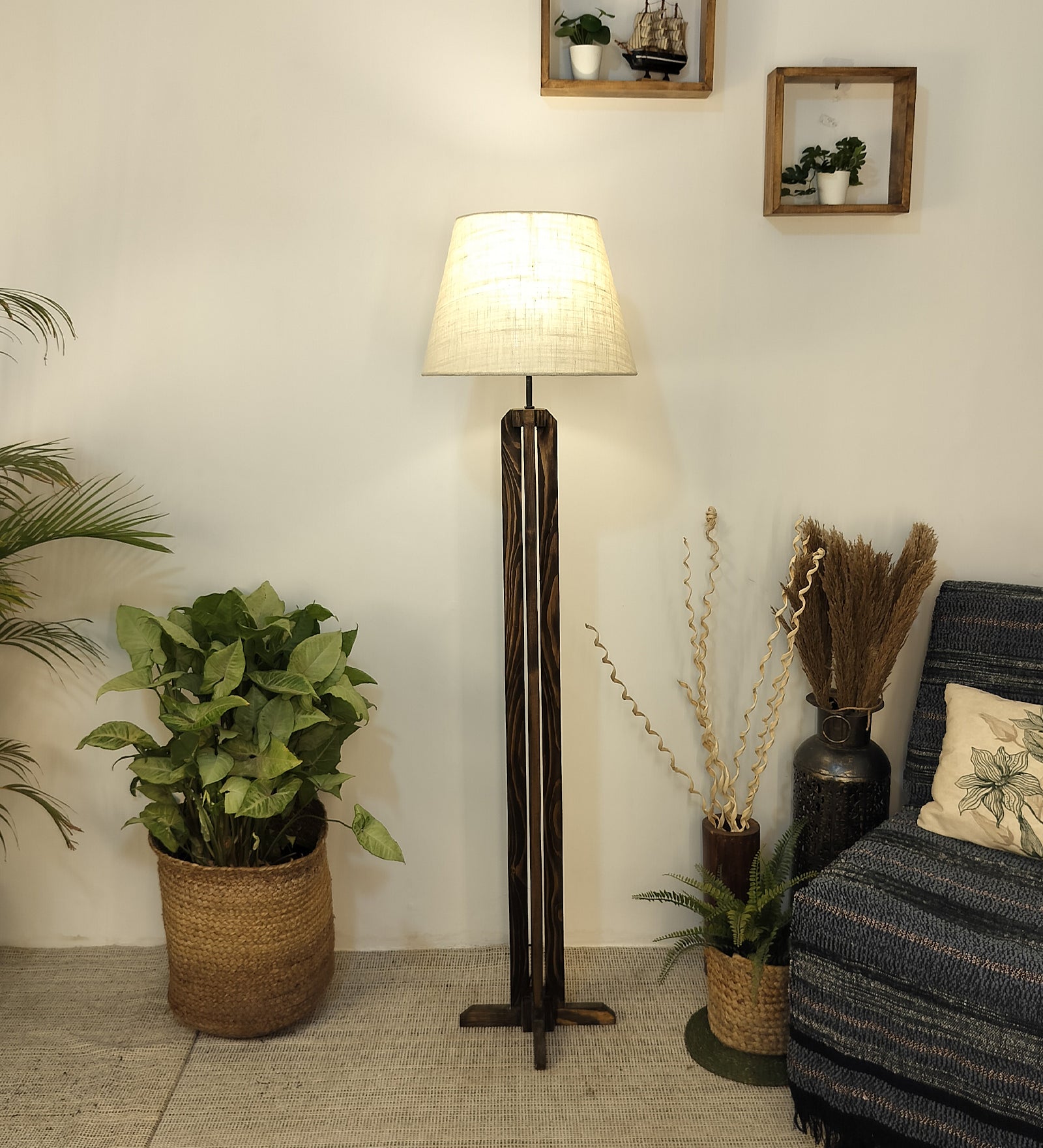 Inca Wooden Floor Lamp with Premium Beige Fabric Lampshade
