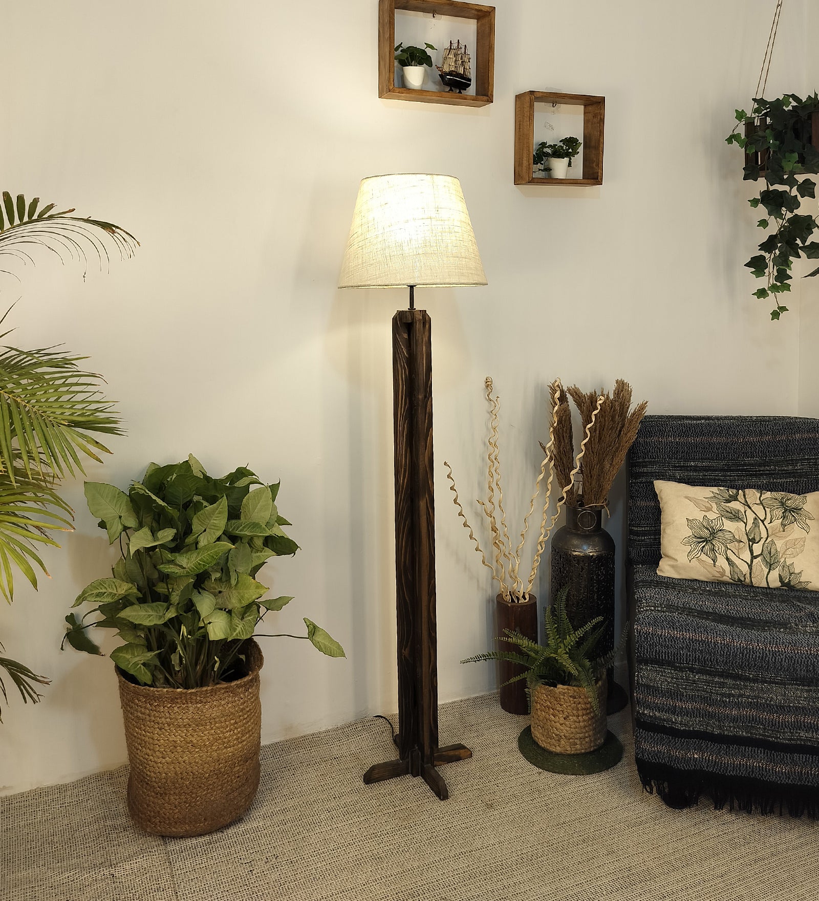 Inca Wooden Floor Lamp with Premium Beige Fabric Lampshade