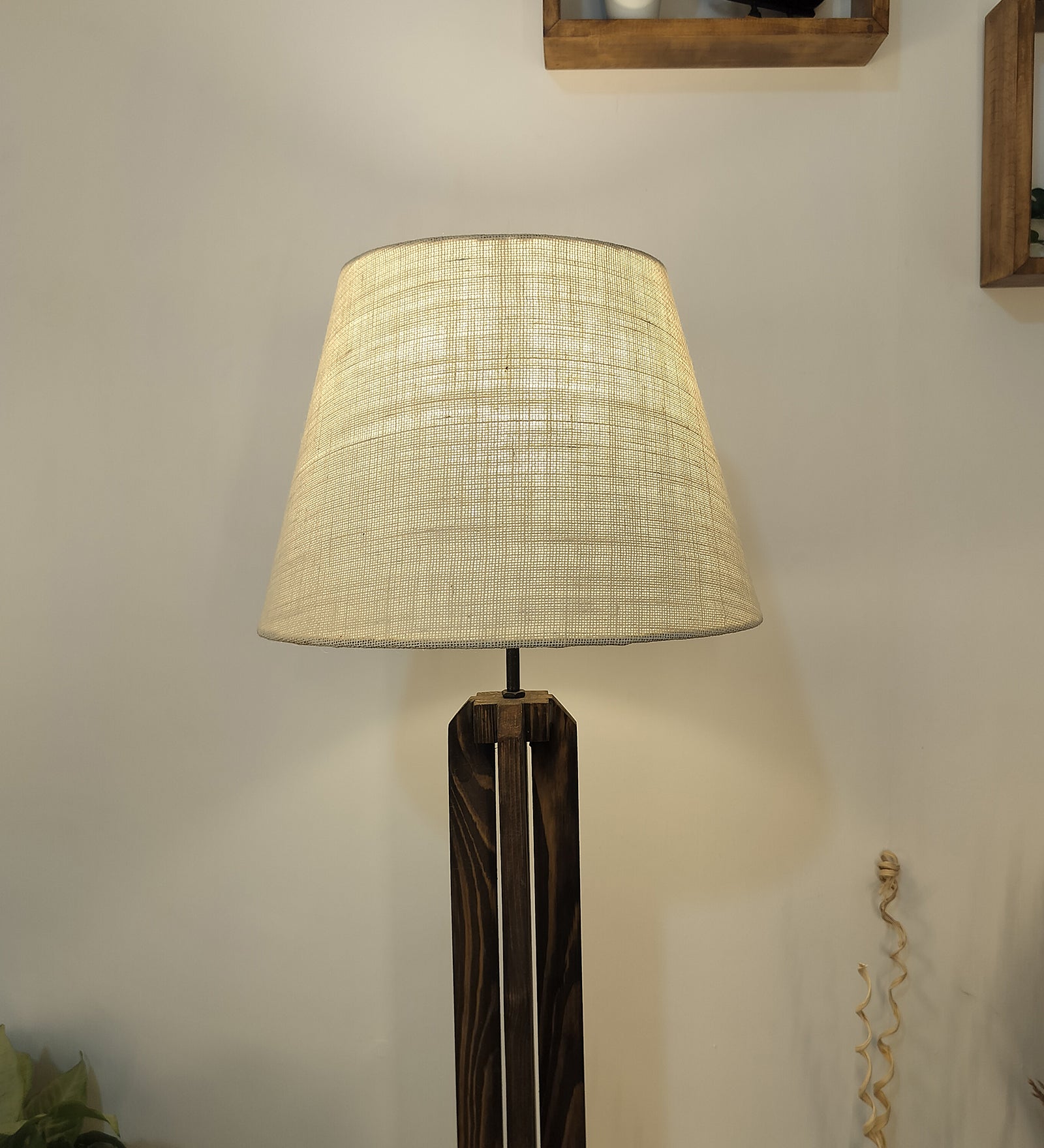 Inca Wooden Floor Lamp with Premium Beige Fabric Lampshade