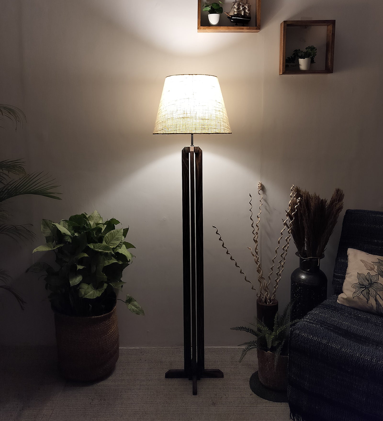 Inca Wooden Floor Lamp with Premium Beige Fabric Lampshade