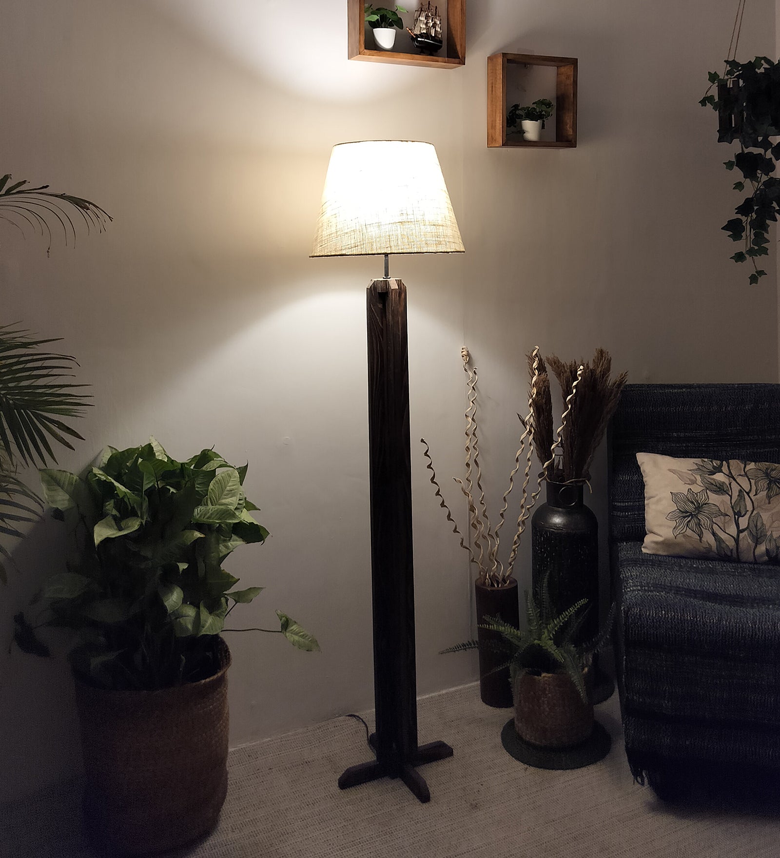 Inca Wooden Floor Lamp with Premium Beige Fabric Lampshade