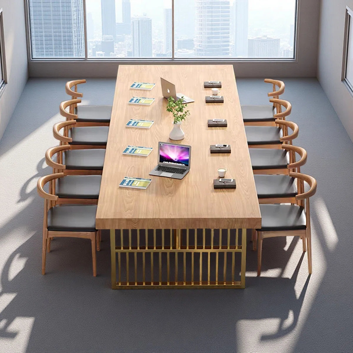 Iron Base Rectangular Solid Wood Conference Table