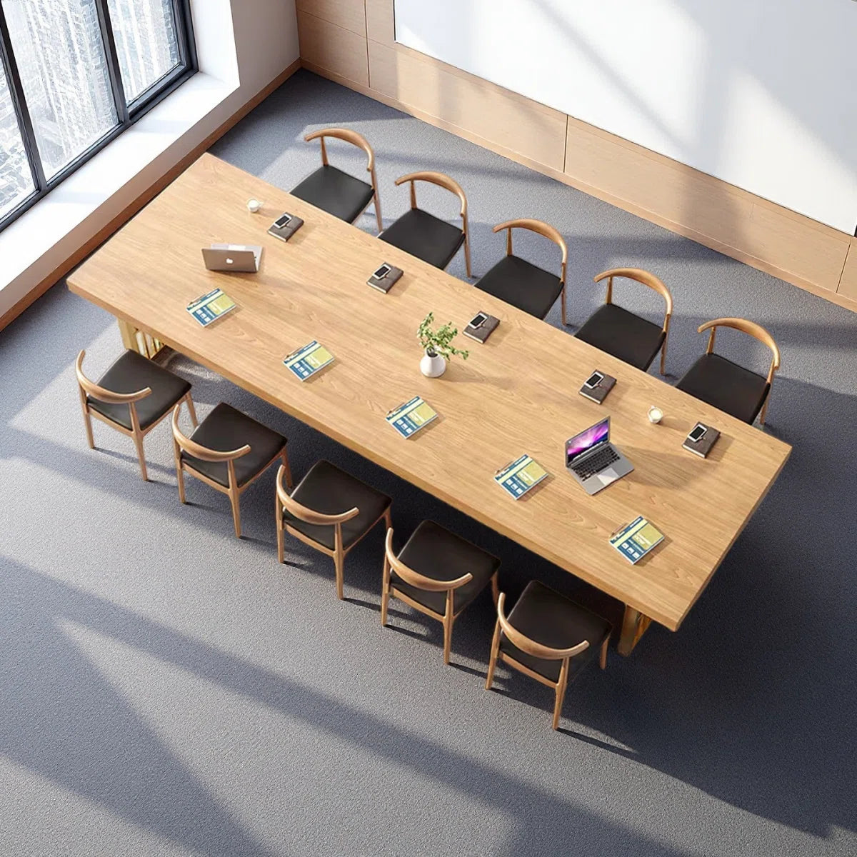 Iron Base Rectangular Solid Wood Conference Table