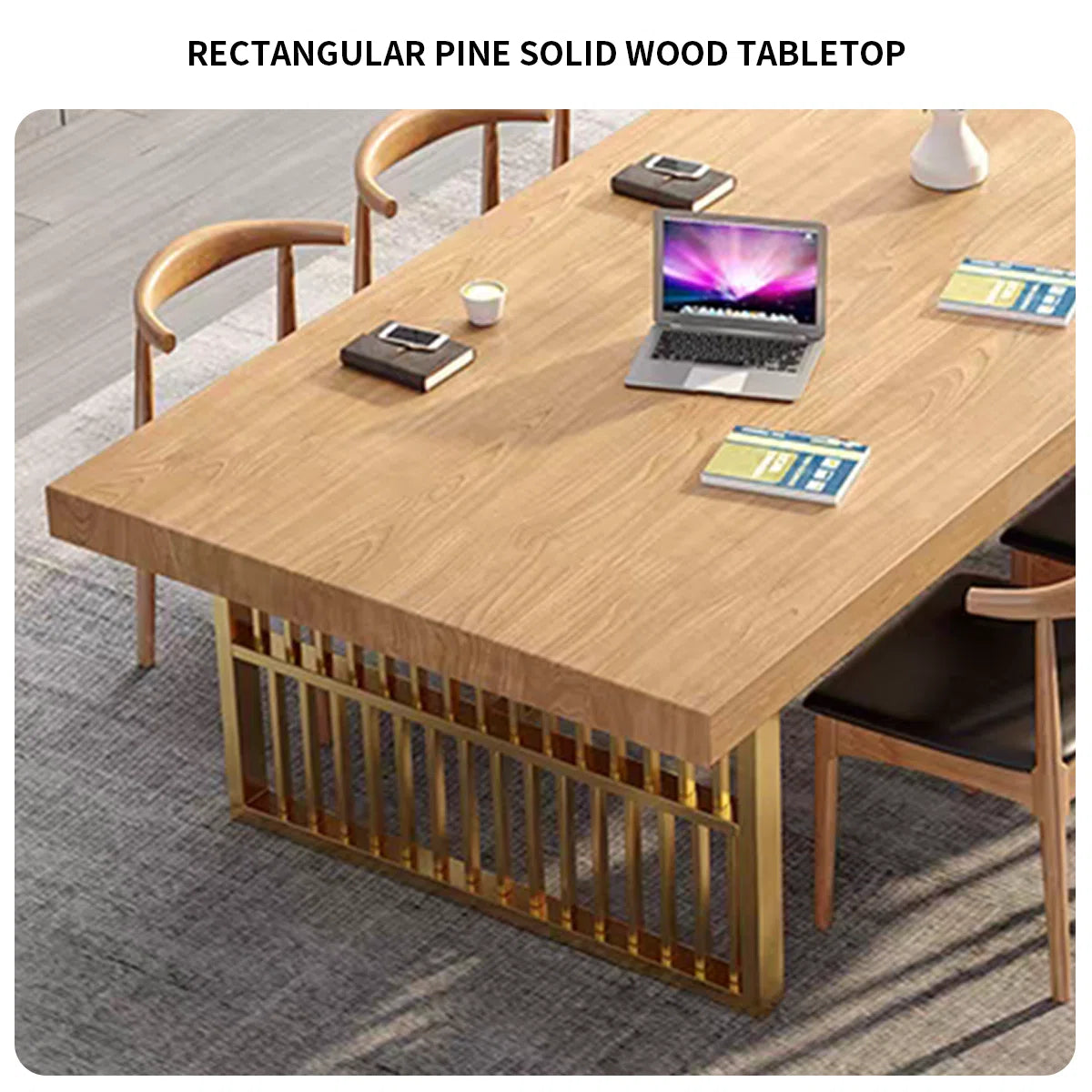 Iron Base Rectangular Solid Wood Conference Table